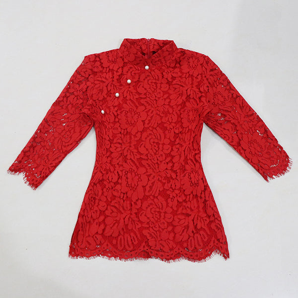 Plus Size Red Eyelash Lace Cheongsam Qipao Velvet Mid Sleeve Top (Customizable!)