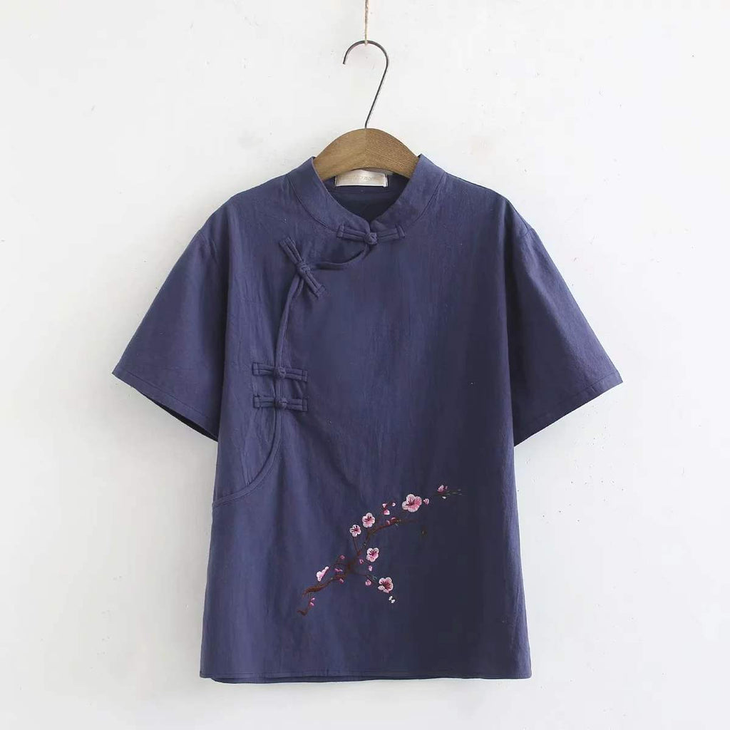 (Ready Stock Blue 4XL - 1 Pc) Plus Size Oriental Embroidery Cheongsam Blouse