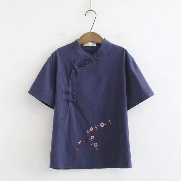 (Ready Stock Blue 4XL - 1 Pc) Plus Size Oriental Embroidery Cheongsam Blouse