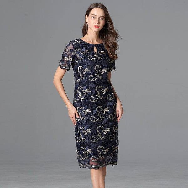(Ready Stock 5XL Mid Sleeve - 1 Pc) Plus Size Gold Navy Blue Lace Formal Dress