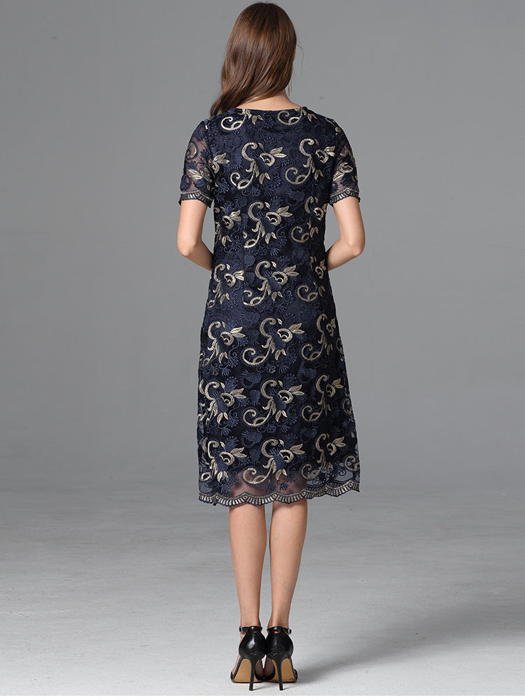 Gold Lace Appliqued Long Chiffon Dresses Dark Navy Plus Size main image 1