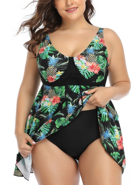 Plus Size Swimwear Tankini 2 Piece Dress Top and Bikini Underwear Set (Pineapples) (EXTRA BIG SIZE)