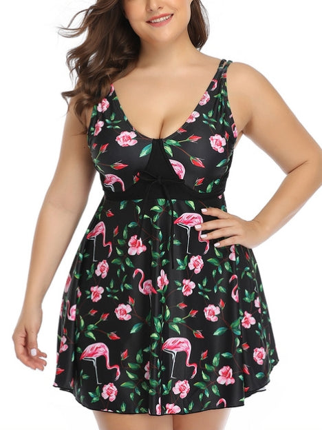 Plus Size Swimwear Tankini 2 Piece Dress Top and Bikini Underwear Set (Pink Flamingoes) (EXTRA BIG SIZE)