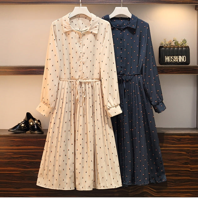 Plus Size Vintage Pattern Pleats Long Sleeve Midi Shirt Dress (Blue, Beige)