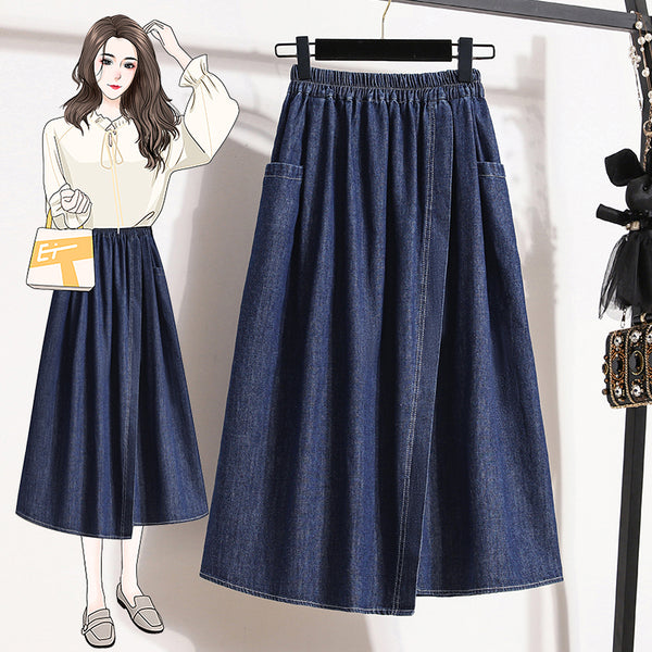 Plus Size Asymmetric Denim Midi Skirt