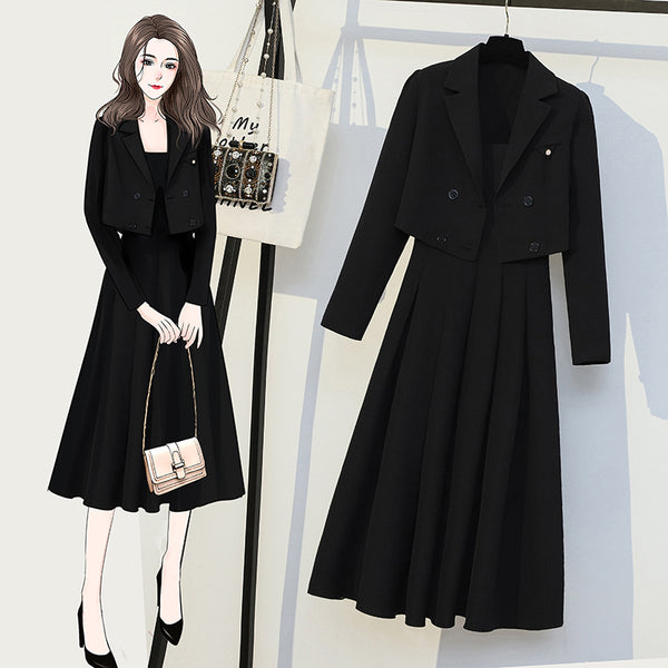 Plus Size Black Crop Blazer and Pleat Camisole Dress Set