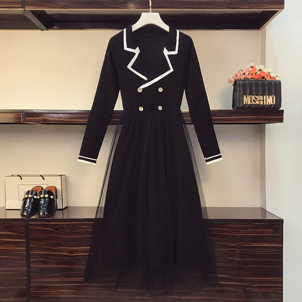 Plus Size Black Knit Tulle Long Sleeve Midi Dress