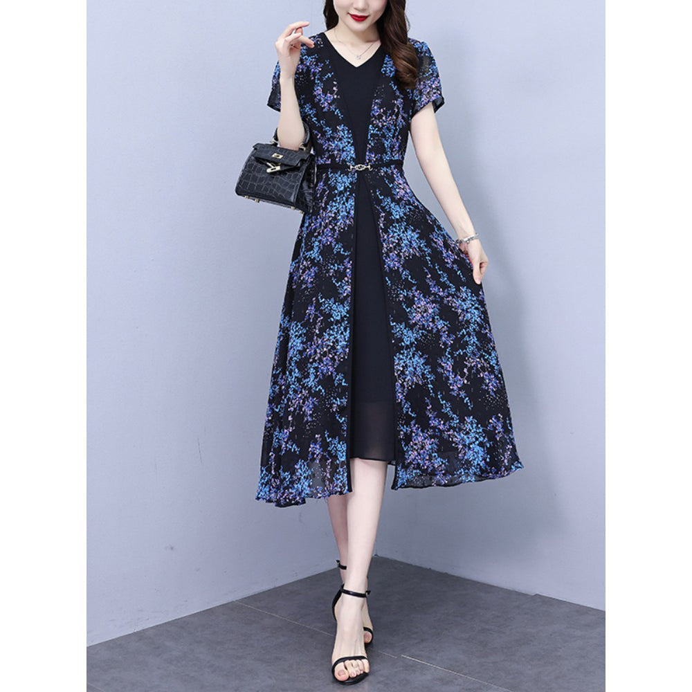 Plus Size Blue Floral Chiffon Layer Dress