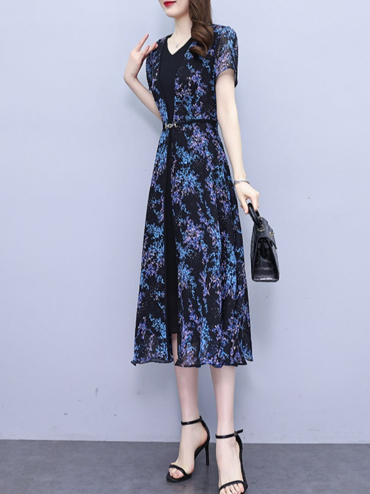 Blue Cotton Floral Gathered Dress for Women – Sizes L to 3XL