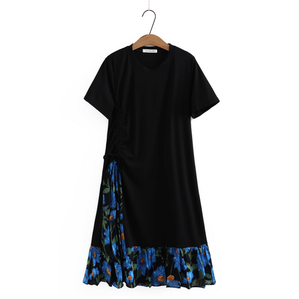 Plus Size Blue Floral Side Korean Dress