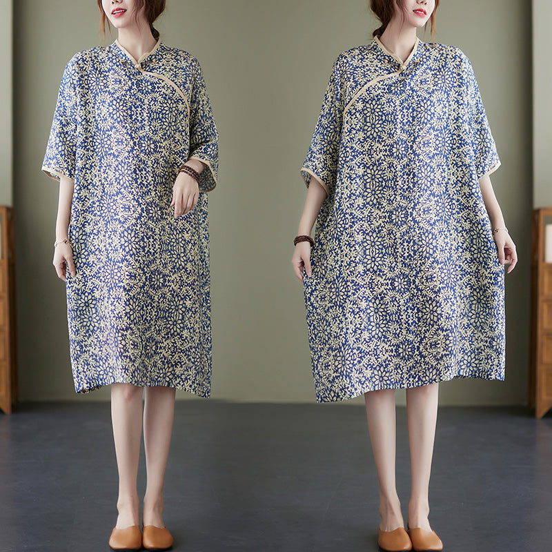 Plus Size Blue Print Cheongsam