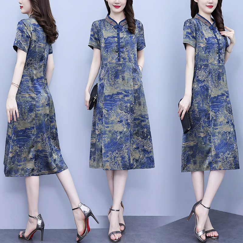 Plus Size Blue Scenery Print Short Sleeve Cheongsam Midi Dress