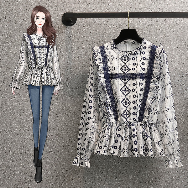 Plus Size Bohemian Lace Long Sleeve Blouse