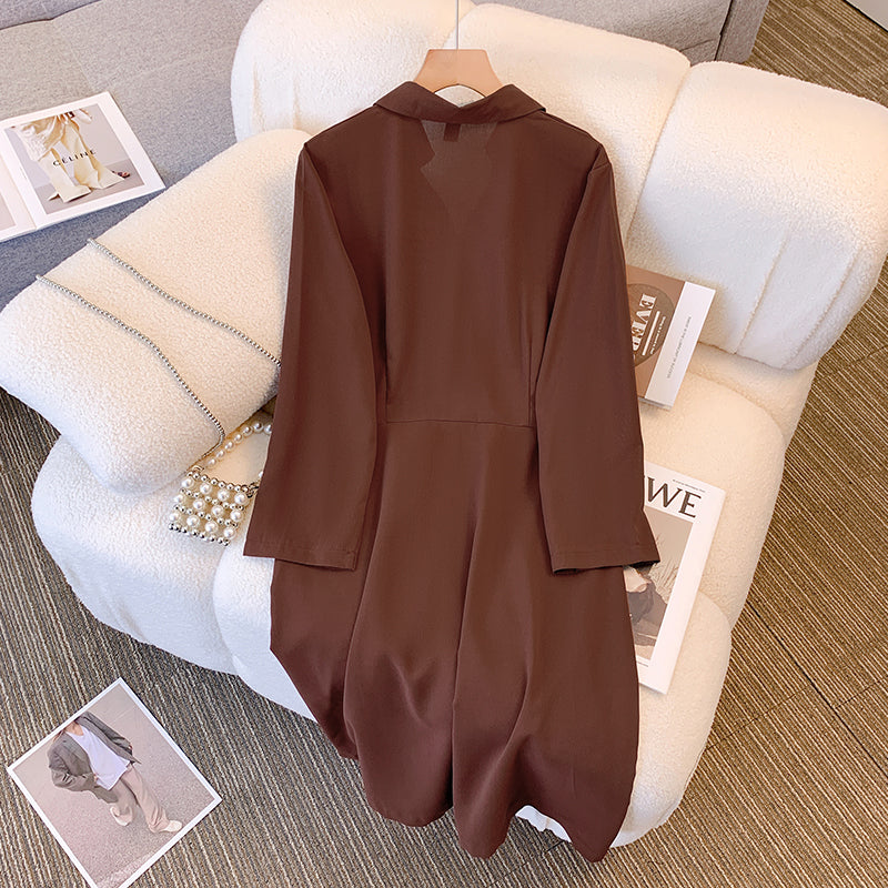 Plus Size Brown Pleat Long Sleeve Shirt Dress Pluspreorder Plus Size Brown Pleat Long Sleeve Shirt Dress Pluspreorder