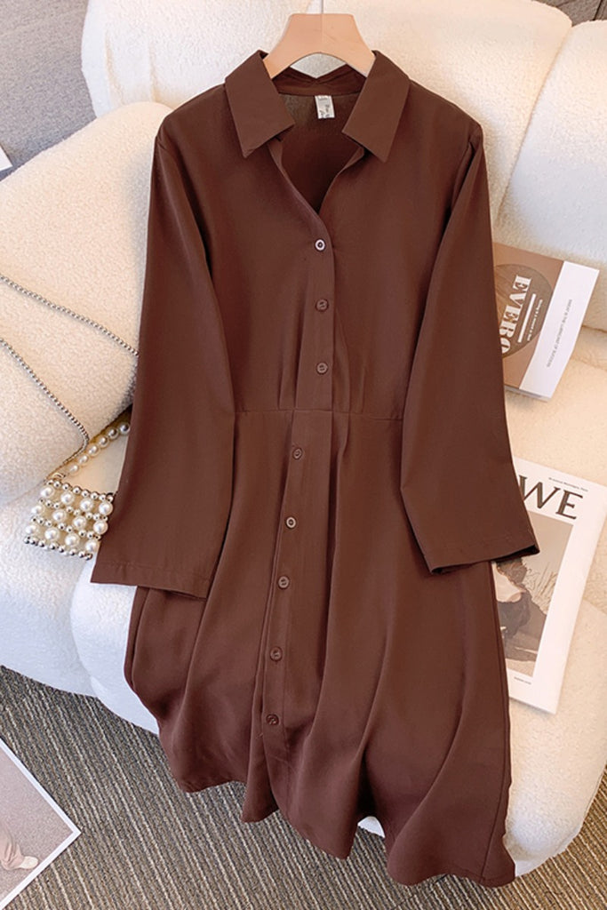 Plus Size Brown Pleat Long Sleeve Shirt Dress – Pluspreorder