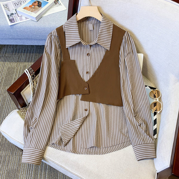 Plus Size Brown Stripes Layer Shirt Blouse