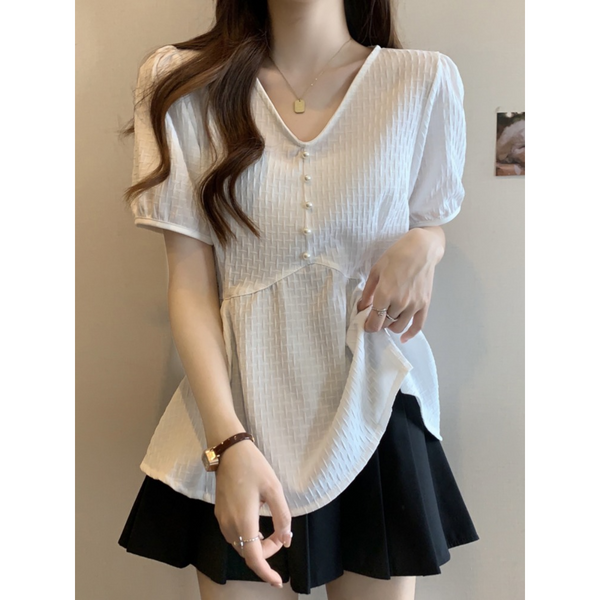 Plus Size Buttons V Neck Peplum Top