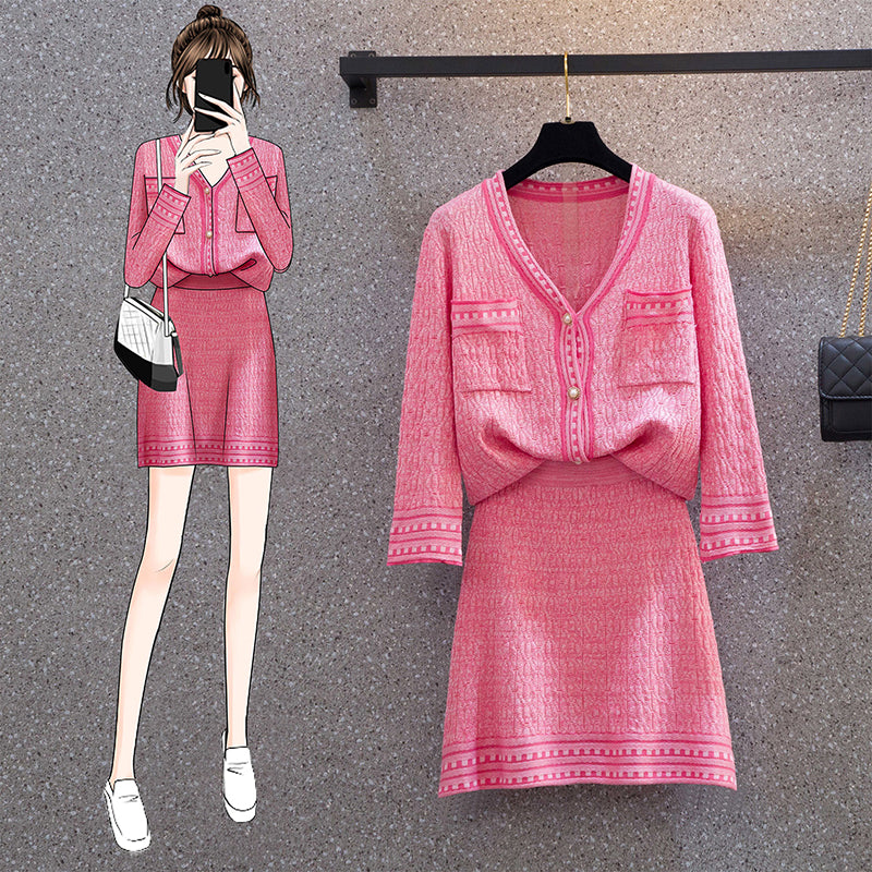 Plus Size Chanelesque Knit Cardigan Top and Matching Skirt Set