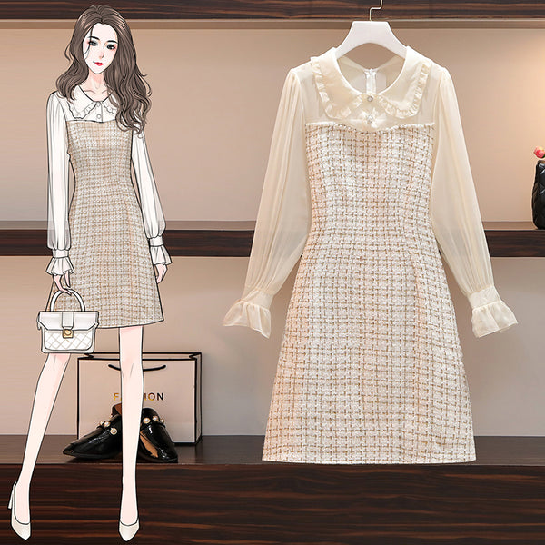Plus Size Chanelesque Tweed White Long Sleeve Dress