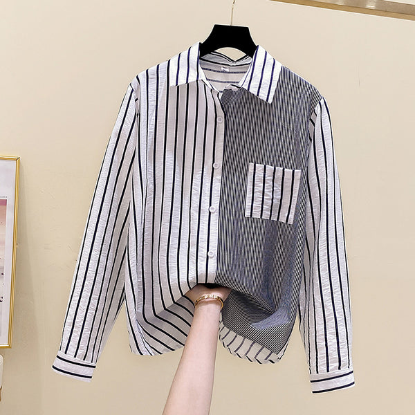 Plus Size Contrast Stripes Long Sleeve Shirt Blouse
