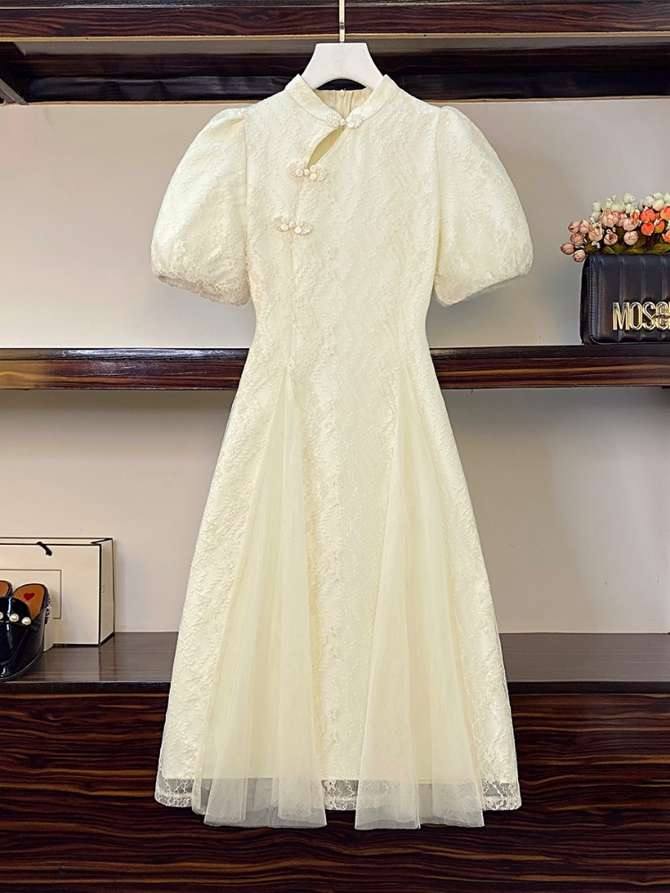 Plus Size Cream Puff Sleeve A Line Cheongsam Dress