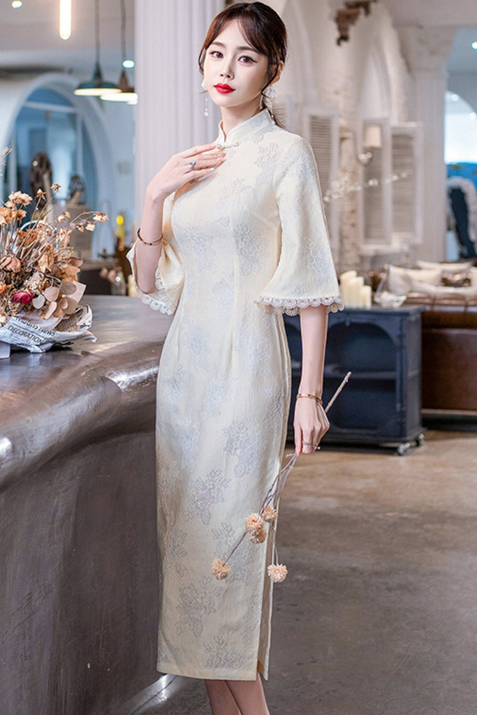 simone rocha dress Kaya High Neckline Cheongsam Qipao Fit & Flare Crepe Wedding Dress with  Lace Embroidery Beading | Bone and Grey Bridal main image 1
