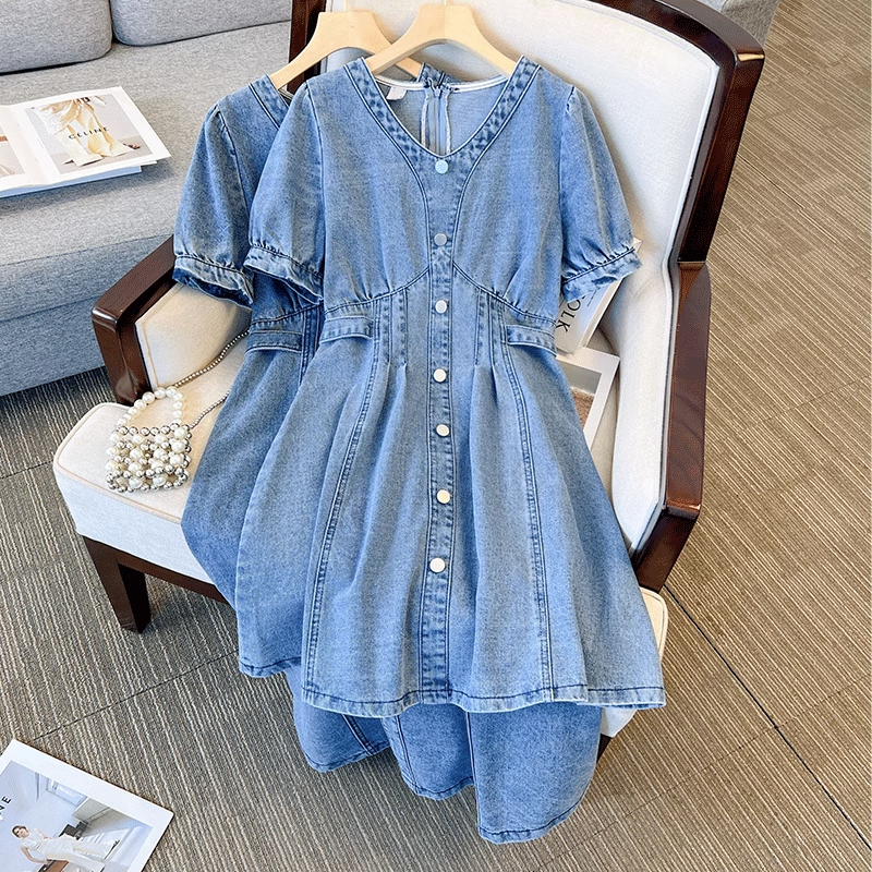 Plus Size Denim V Neck Korean Dress – Pluspreorder