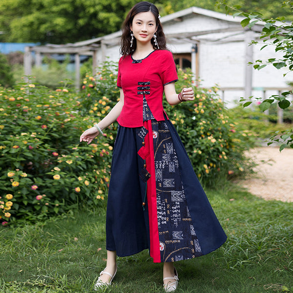 Plus Size Ethnic Cheongsam Blouse And Matching Skirt Set