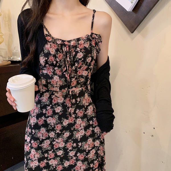 Plus Size Floral Cami Dress And Cardigan Set