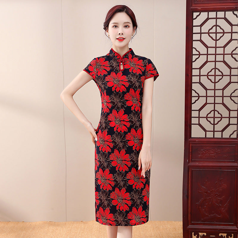 Plus Size Floral Short Sleeve Dress Cheongsam Qipao