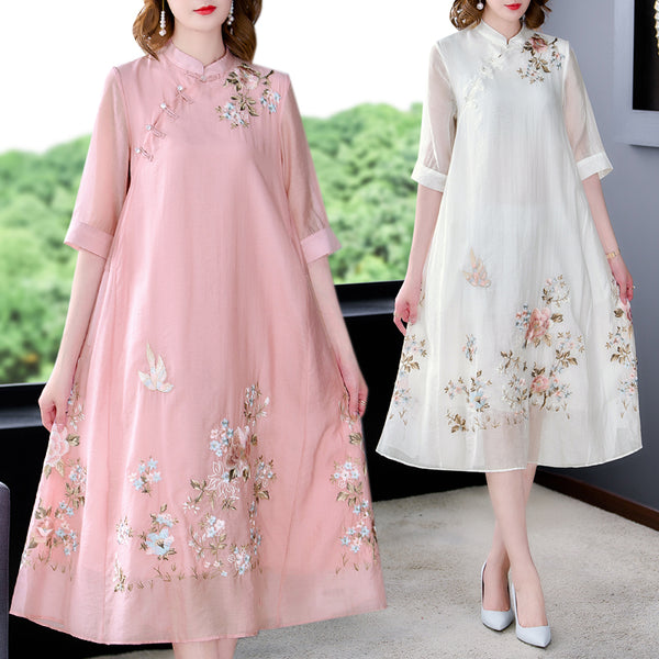 Plus Size Formal Floral Embroidery Modern Cheongsam Dress