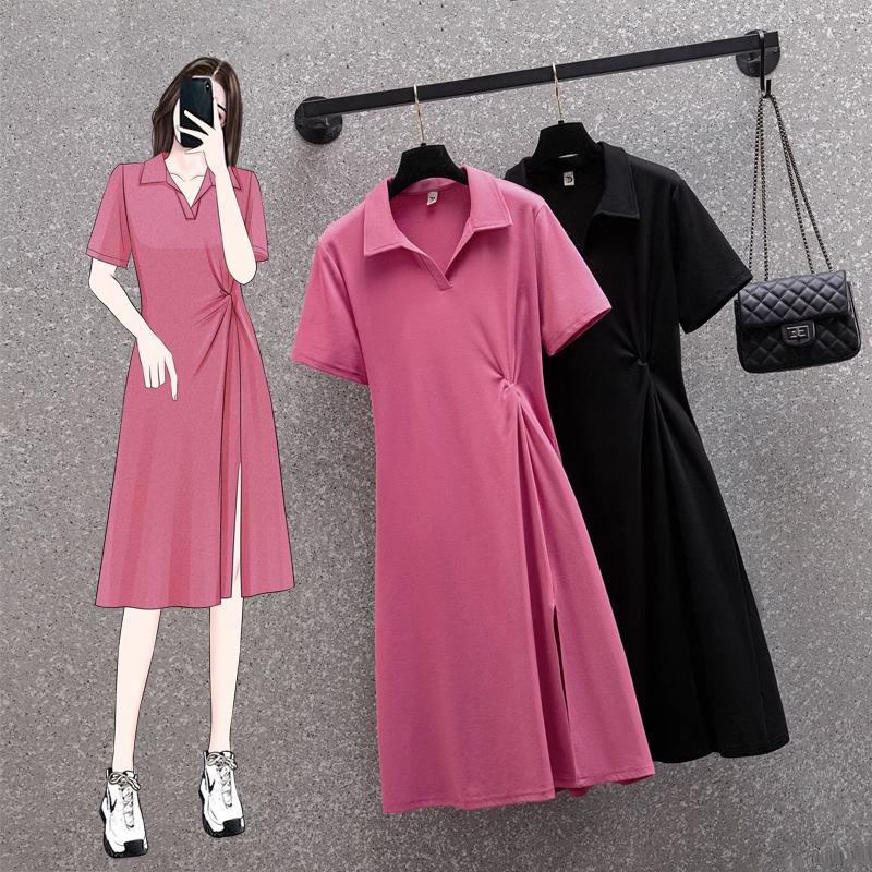 Plus Size Gathered Side Slit Polo T Shirt Dress
