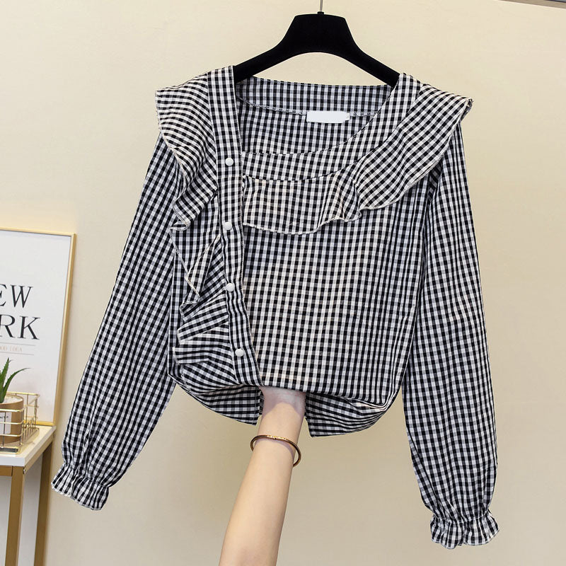 Plus Size Gingham Frill Blouse