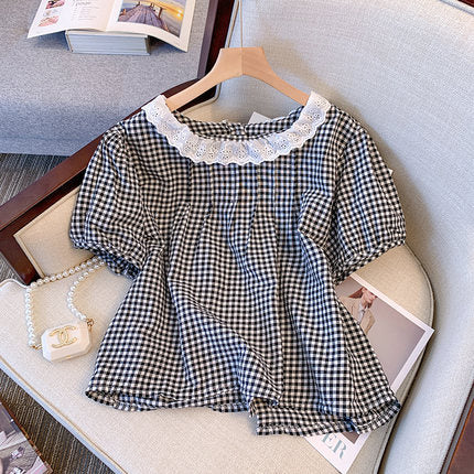Plus Size Gingham Vintage Buttons Lace Collar Top