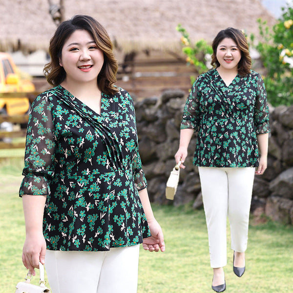 Plus Size Green Floral Wrap Chiffon Blouse (EXTRA BIG SIZE)