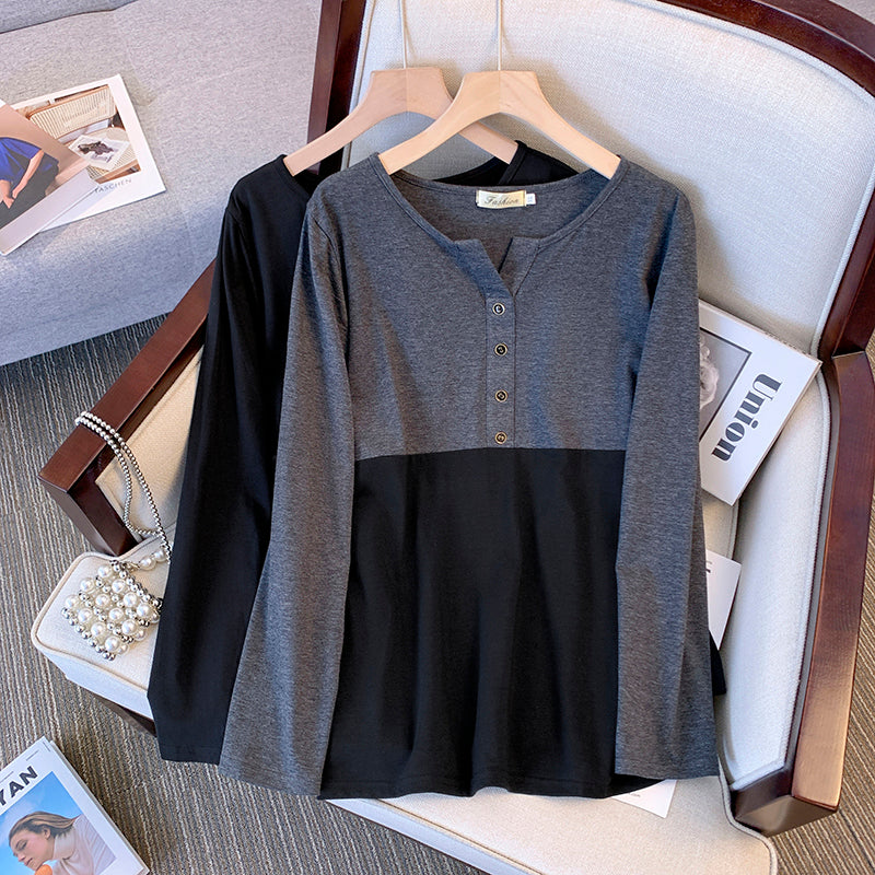 Plus Size Henley Button Notch Neck Long Sleeve Top