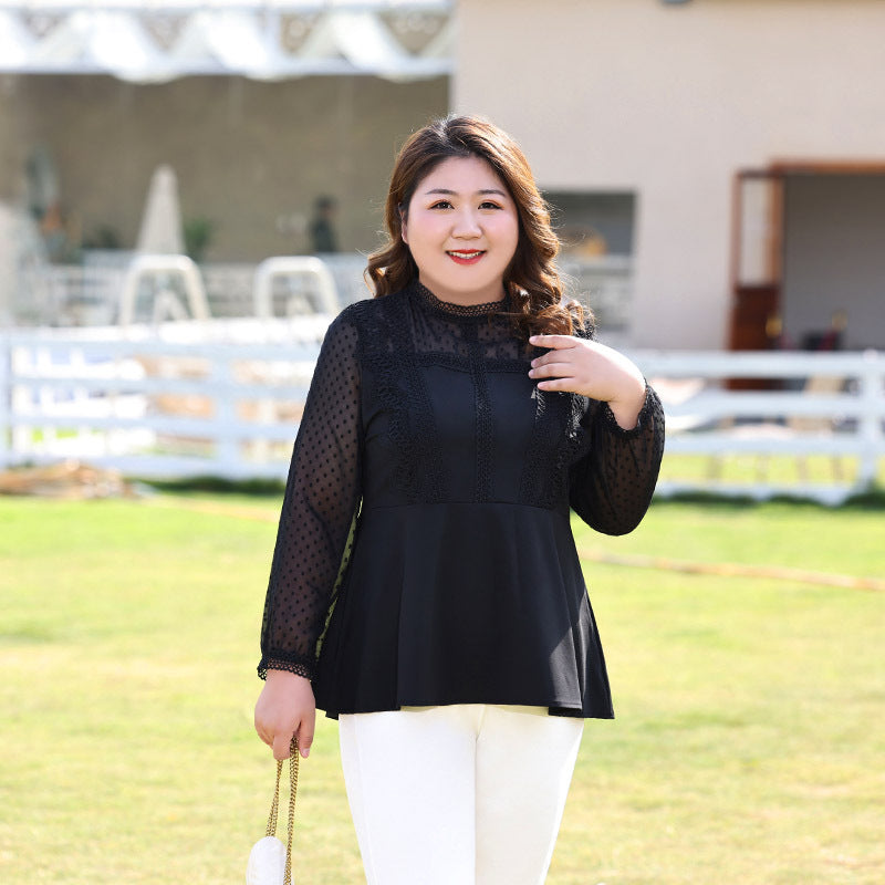 Plus Size High Neck Lace Long Sleeve Blouse (EXTRA BIG SIZE)