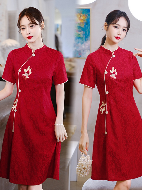 Plus Size Koi Fish Embroidered Red A Line Cheongsam Dress