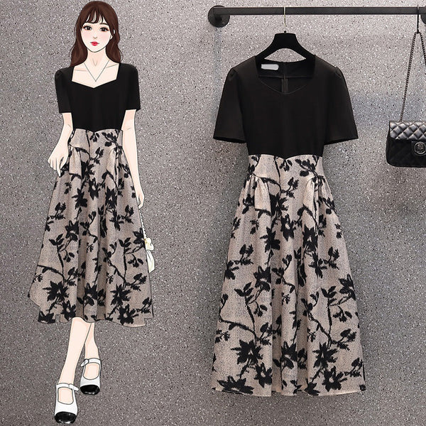 Plus Size Korean Black Vintage Floral Short Sleeve Dress