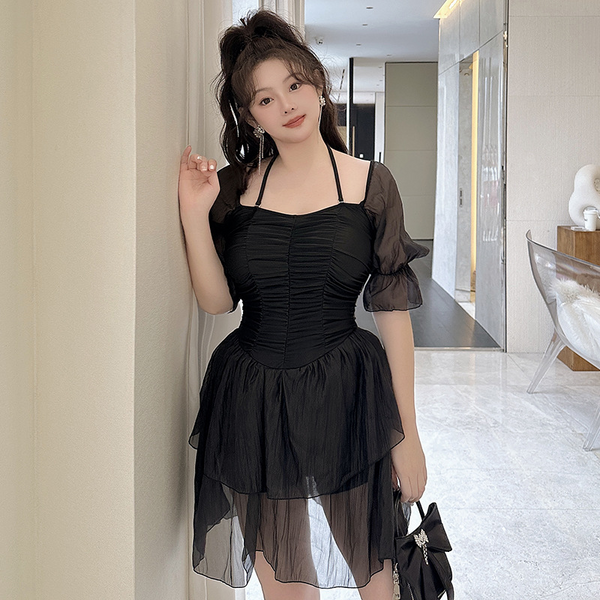 Plus Size Korean Dress Halter Short Sleeve Dress Swimsuit