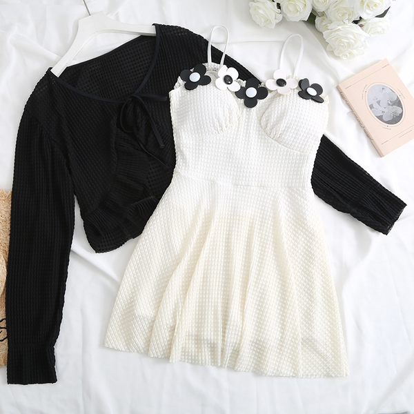 korean floral dress swimsuit with cardigan front view