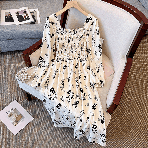 Plus Size Korean Frills Floral Long Sleeve Midi Dress