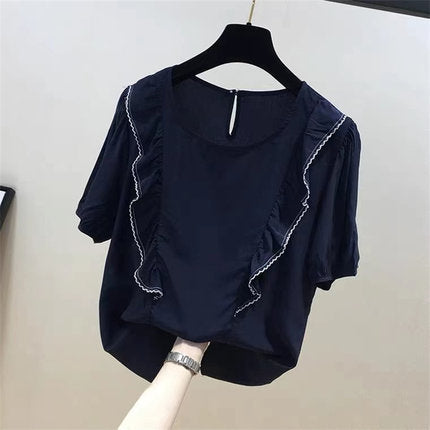 Plus Size Korean Frills Short Sleeve Blouse