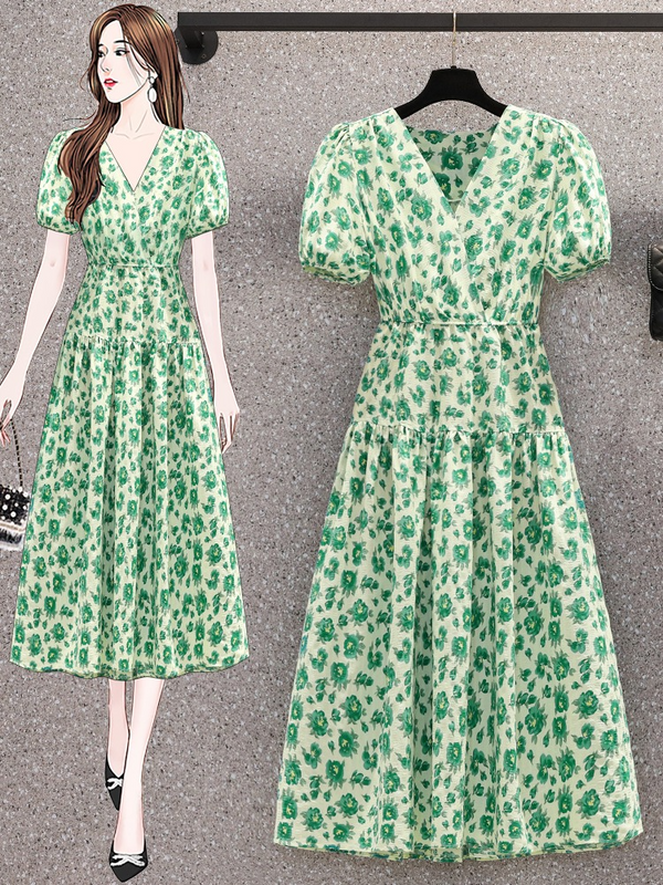 Plus Size Korean Green Wrap V Neck Midi Dress