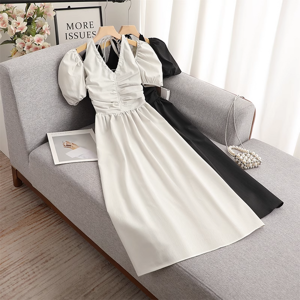 Plus Size Korean Halter Look Puff Sleeve Midi Dress