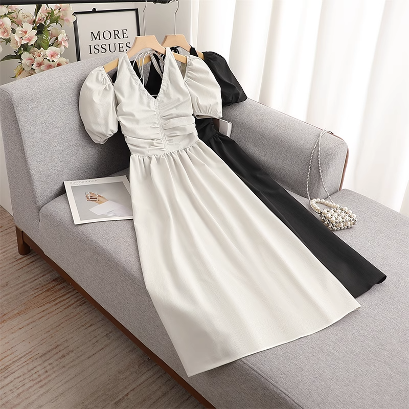 Plus Size Korean Halter Look Puff Sleeve Midi Dress  Pluspreorder