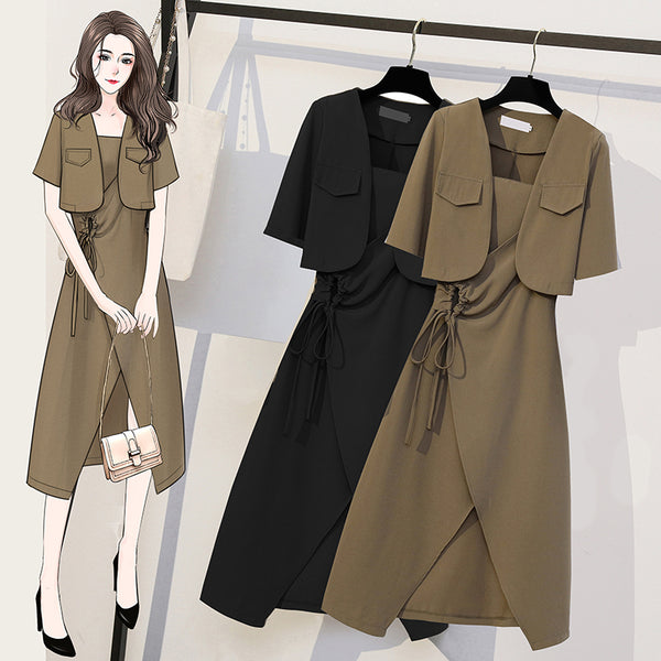 Plus Size Korean Jacket and Cami Dress Set