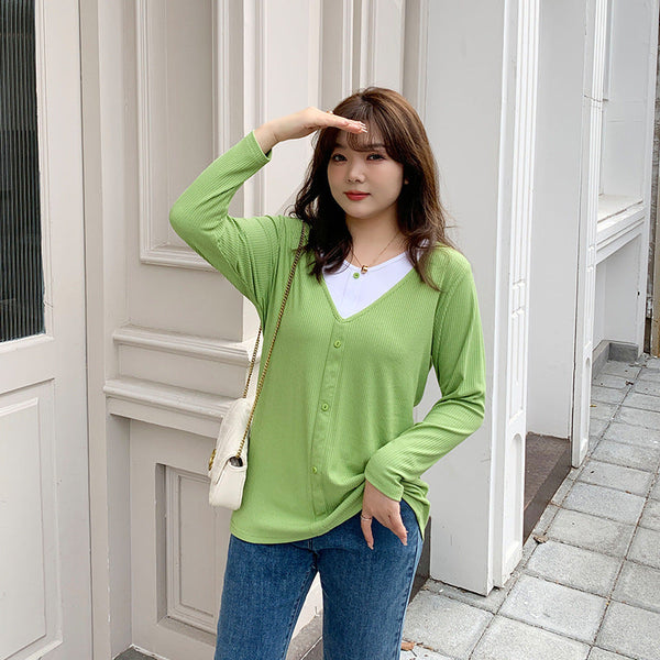Plus Size Korean Layer Knit Buttons Long Sleeve Top (EXTRA BIG SIZE)
