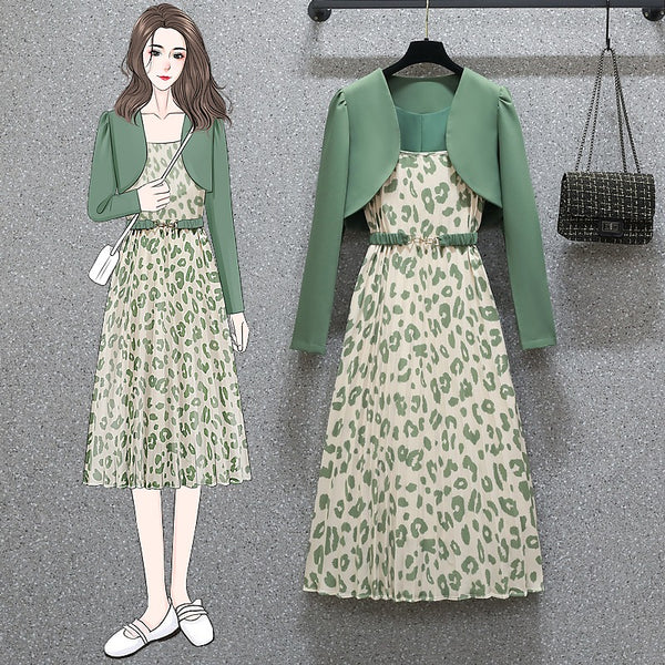 Plus Size Korean Leopard Print Jacket And Cami Dress Set