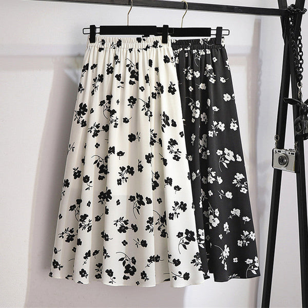 Plus Size Korean Monochrome Floral Midi Skirt